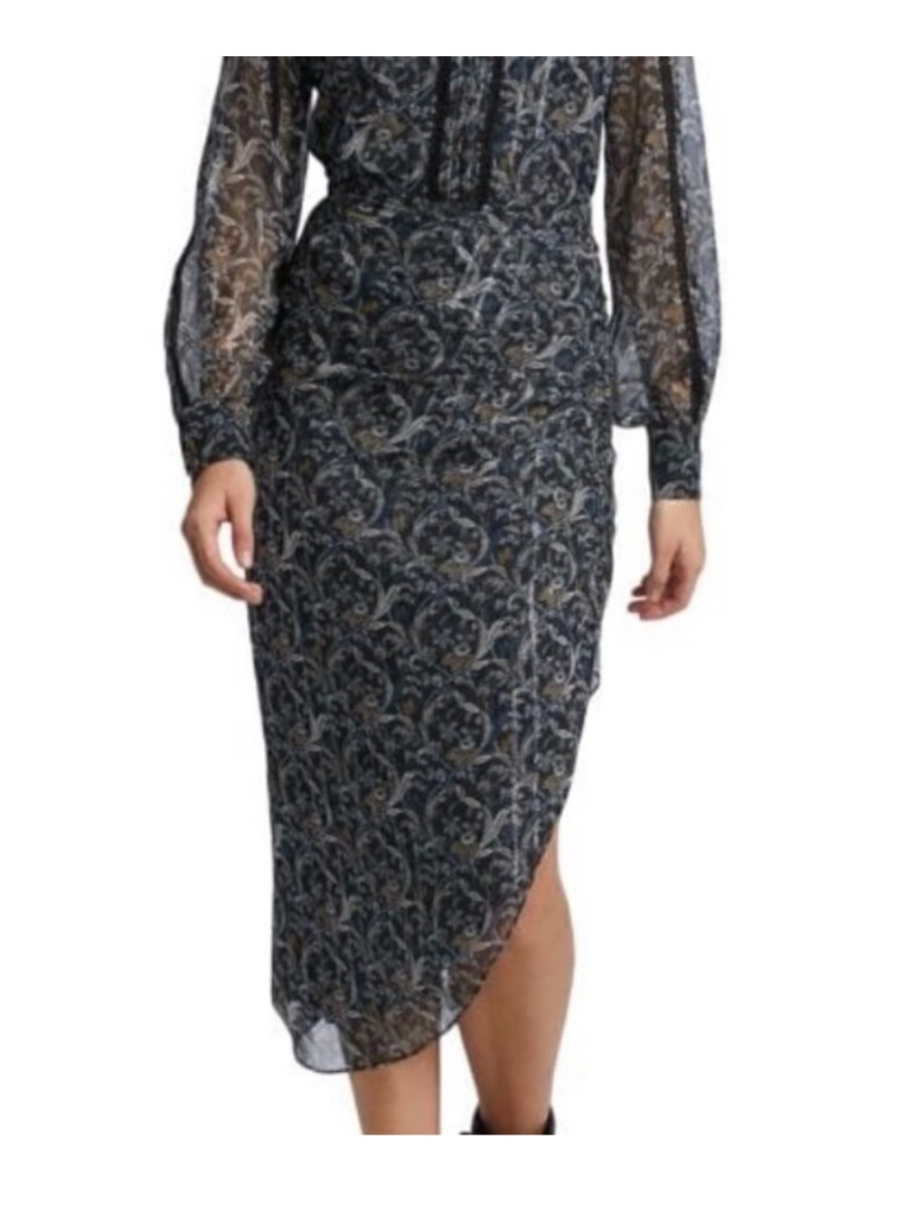Veronica Beard Navy Paisley Asymmetrical Silk Midi Skirt